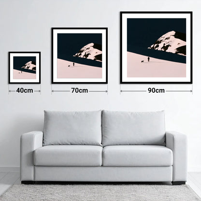 Winter Dog Walk Beneath Skiddaw - size guide showing 40cm, 70cm and 90cm art prints