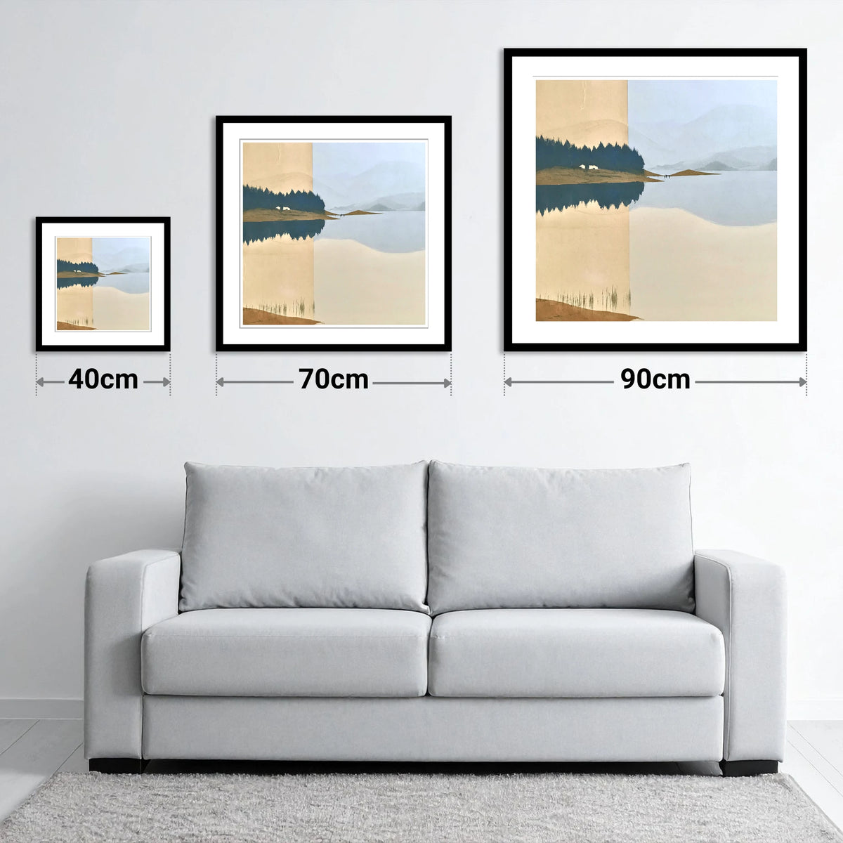 Slate Blue Lake Dawn Reflection - size guide showing 40cm, 70cm and 90cm art prints