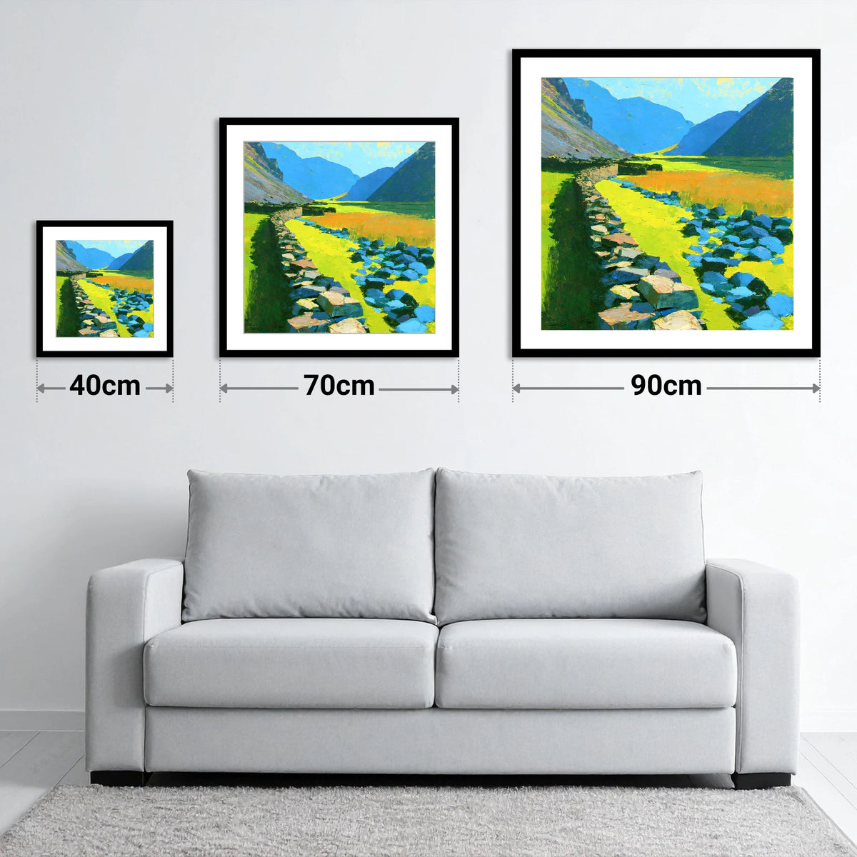 Sunlit Stone Wall and Blue Fells - size guide showing 40cm, 70cm and 90cm art prints