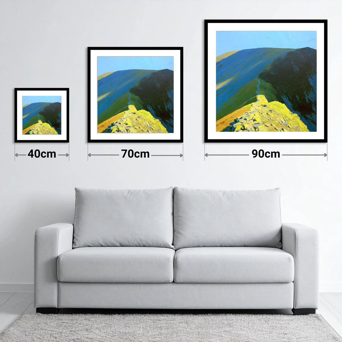 Sunlit Path up Wandope Ridge - size guide showing 40cm, 70cm and 90cm art prints