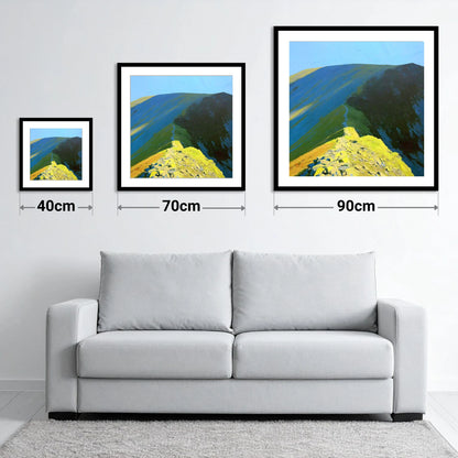 Sunlit Path up Wandope Ridge - size guide showing 40cm, 70cm and 90cm art prints