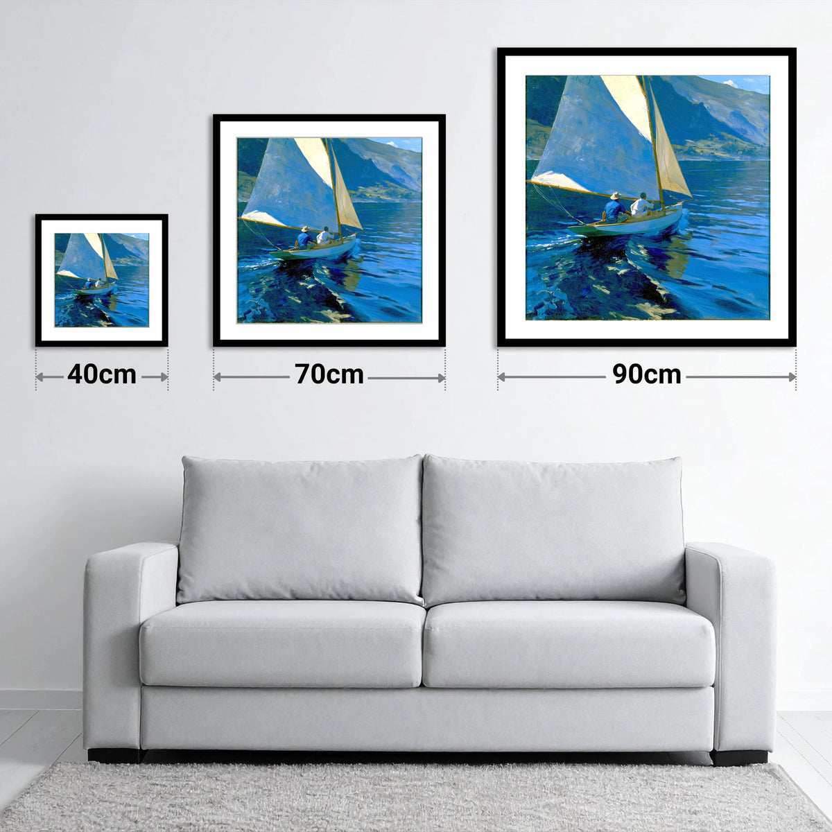 Sailboat on Deep Cobalt Waters - size guide showing 40cm, 70cm and 90cm art prints