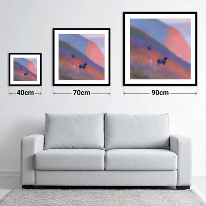 Herdwicks on a Twilight Fellside - size guide showing 40cm, 70cm and 90cm art prints