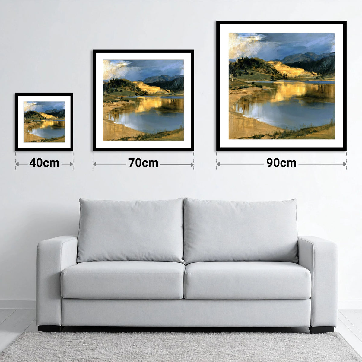 Lake Reflections in Golden Light - size guide showing 40cm, 70cm and 90cm art prints