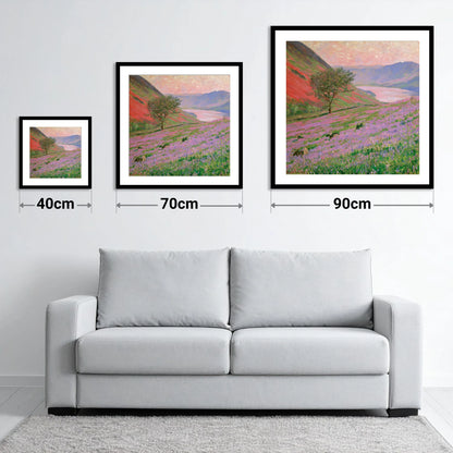 Lavender Fells Above Crummock Water - size guide showing 40cm, 70cm and 90cm art prints