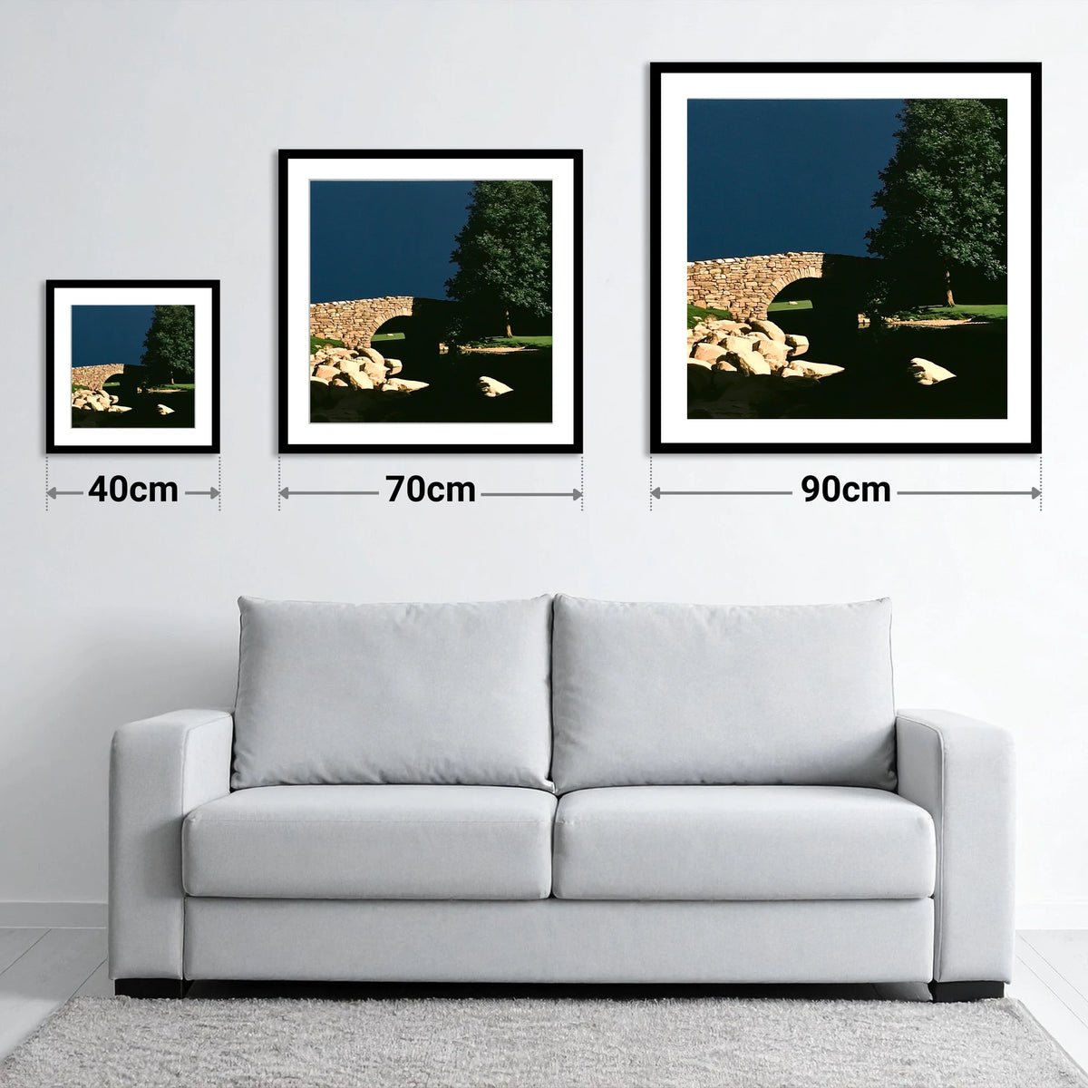 Stone Bridge Against Midnight Sky - size guide showing 40cm, 70cm and 90cm art prints