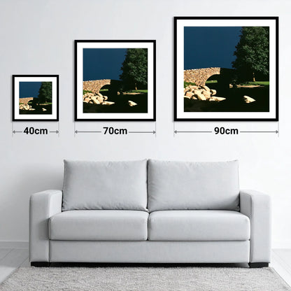 Stone Bridge Against Midnight Sky - size guide showing 40cm, 70cm and 90cm art prints