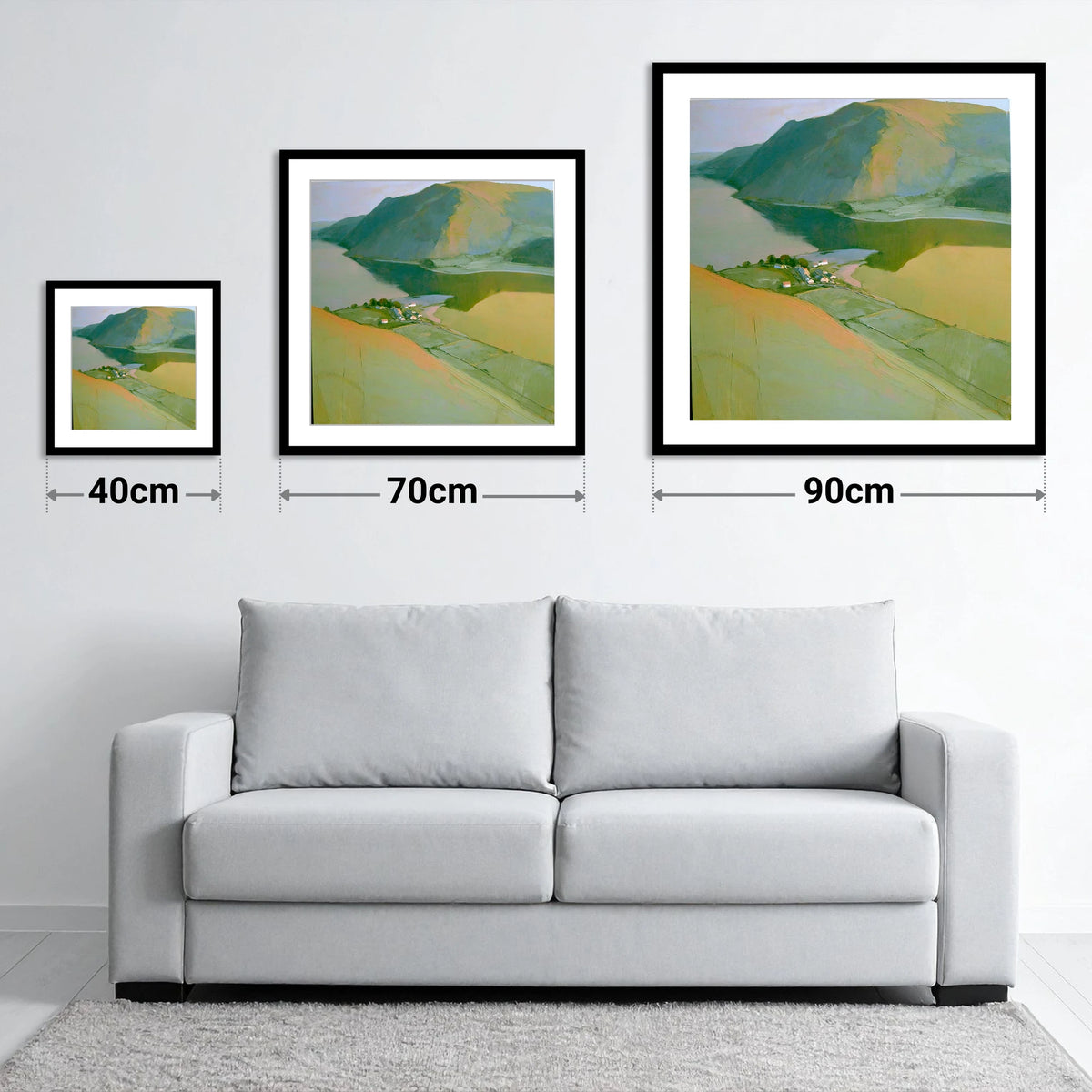 Glenridding from Above Ullswater - size guide showing 40cm, 70cm and 90cm art prints