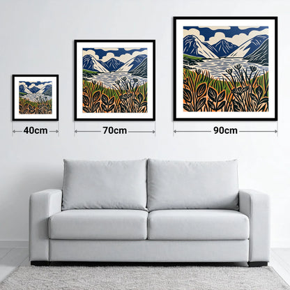 Wastwater in Navy and Orange - size guide showing 40cm, 70cm and 90cm art prints