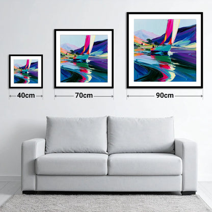 Vibrant Sailboat Beneath Purple Fells - size guide showing 40cm, 70cm and 90cm art prints