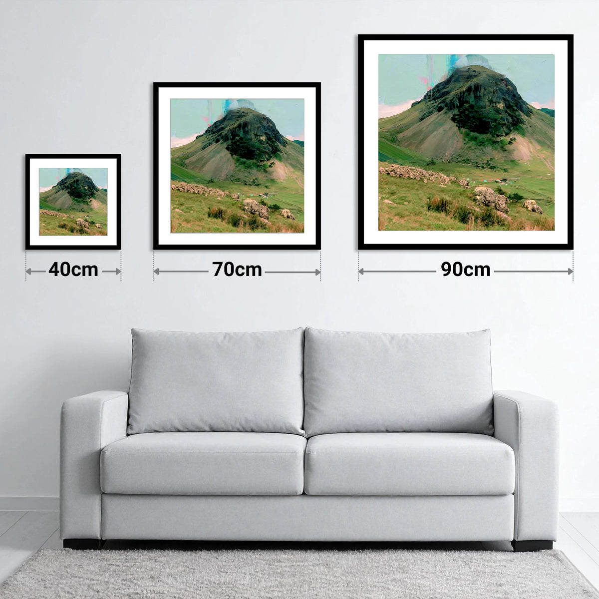 Great Gable Vibrant Summit - size guide showing 40cm, 70cm and 90cm art prints