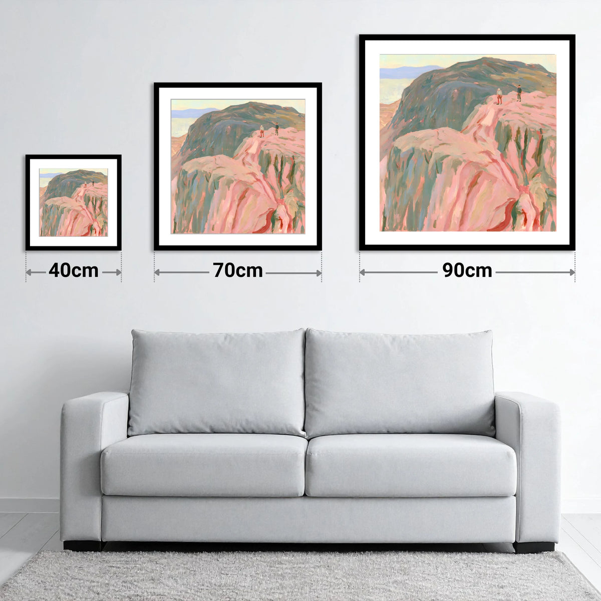 Climbers on a Rosy Crag - size guide showing 40cm, 70cm and 90cm art prints