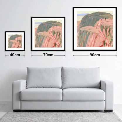 Climbers on a Rosy Crag - size guide showing 40cm, 70cm and 90cm art prints