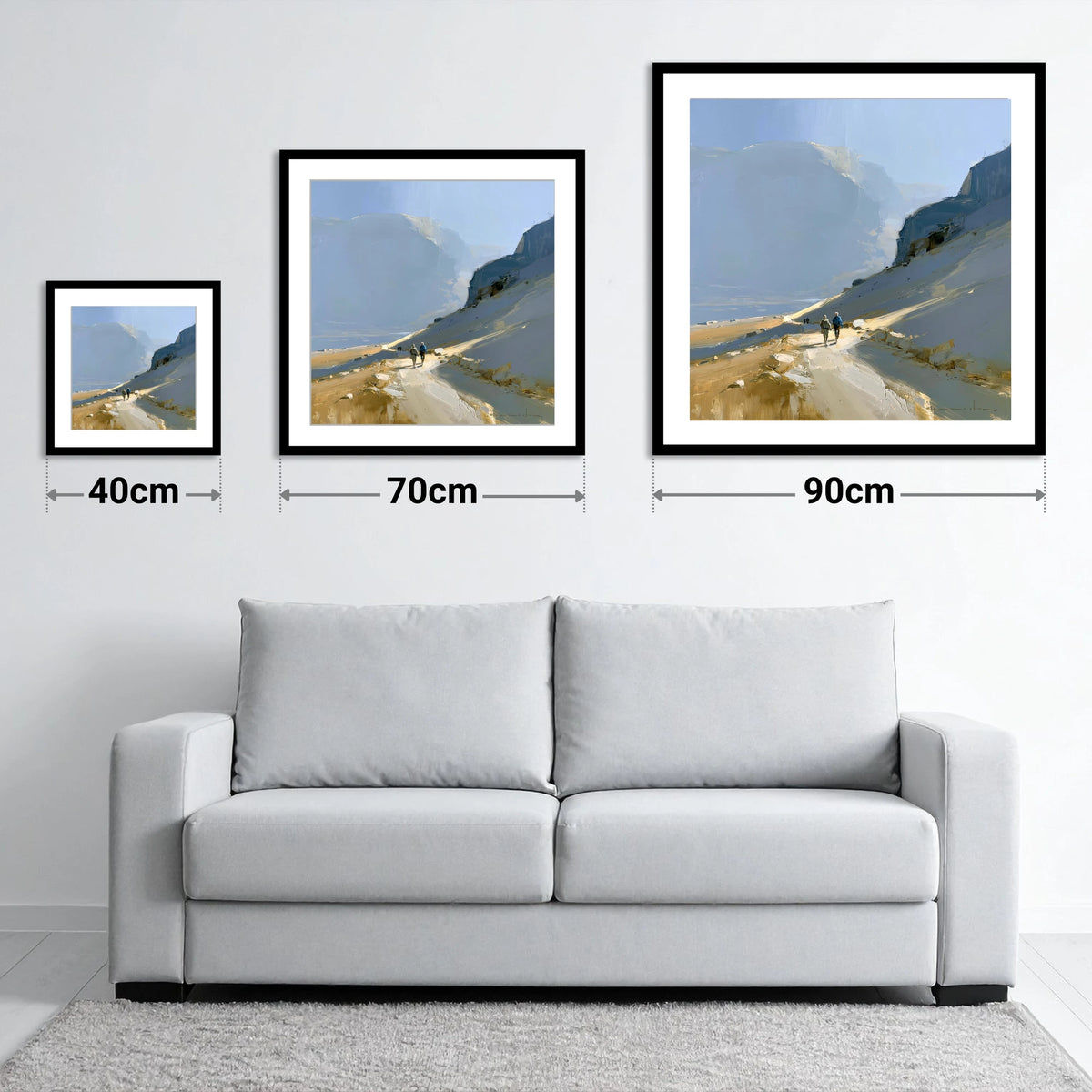 Walkers on a Golden Mountain Path - size guide showing 40cm, 70cm and 90cm art prints