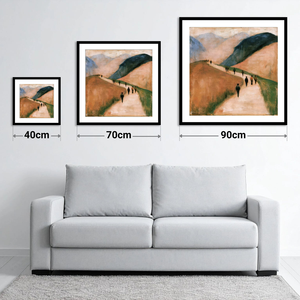 Walkers on an Earthy Mountain Path - size guide showing 40cm, 70cm and 90cm art prints