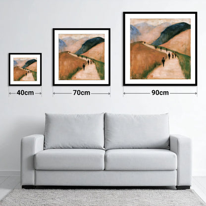 Walkers on an Earthy Mountain Path - size guide showing 40cm, 70cm and 90cm art prints