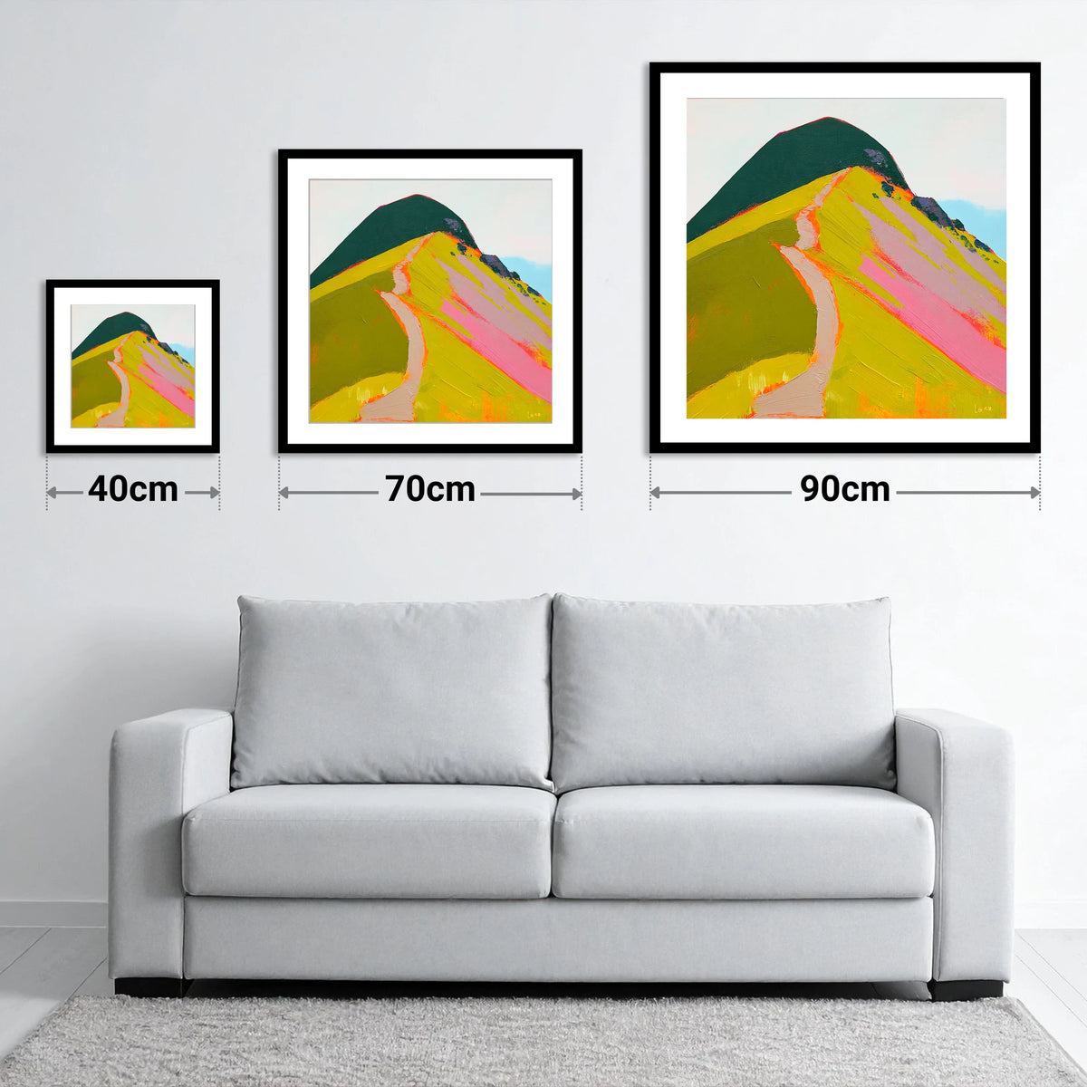 Vibrant Path Up Catbells - size guide showing 40cm, 70cm and 90cm art prints