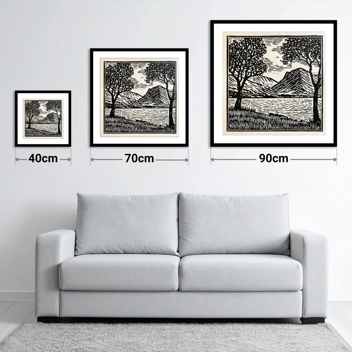 Monochrome Crummock Water Fells - size guide showing 40cm, 70cm and 90cm art prints