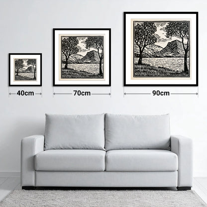 Monochrome Crummock Water Fells - size guide showing 40cm, 70cm and 90cm art prints