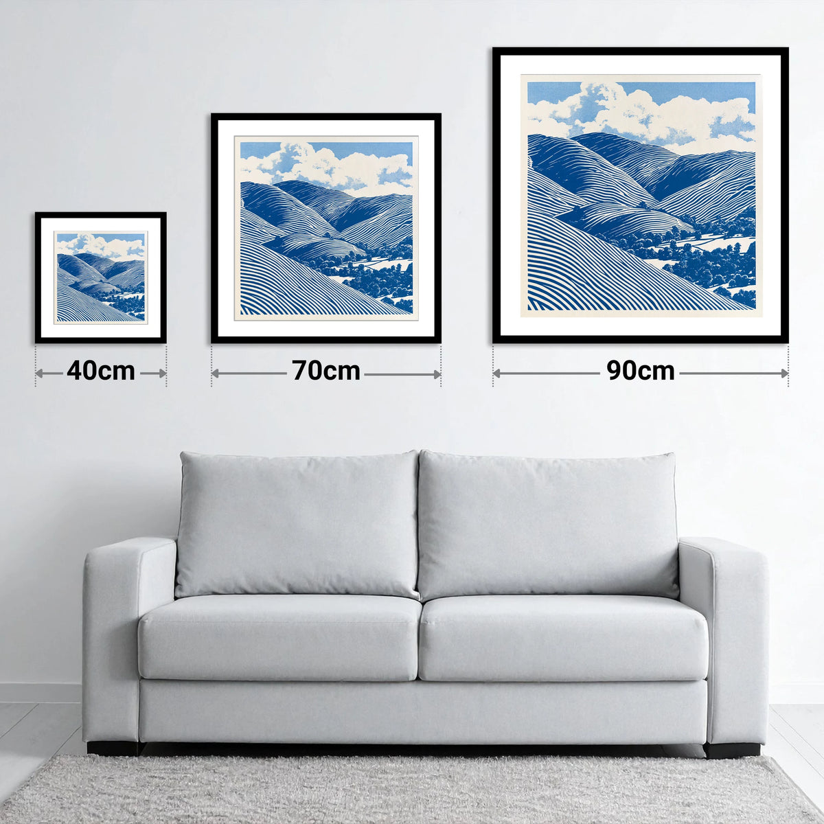 Cobalt Blue Rolling Fells - size guide showing 40cm, 70cm and 90cm art prints