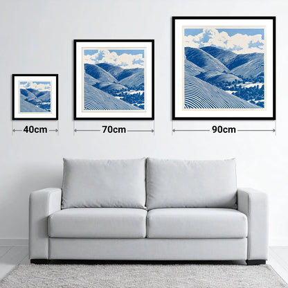 Cobalt Blue Rolling Fells - size guide showing 40cm, 70cm and 90cm art prints