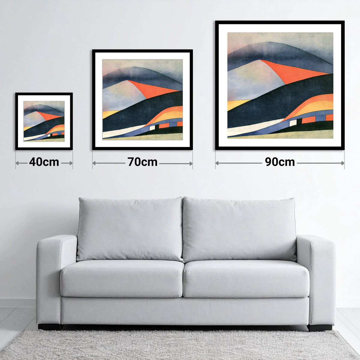 Bold Indigo Fells Under Cloud - size guide showing 40cm, 70cm and 90cm art prints