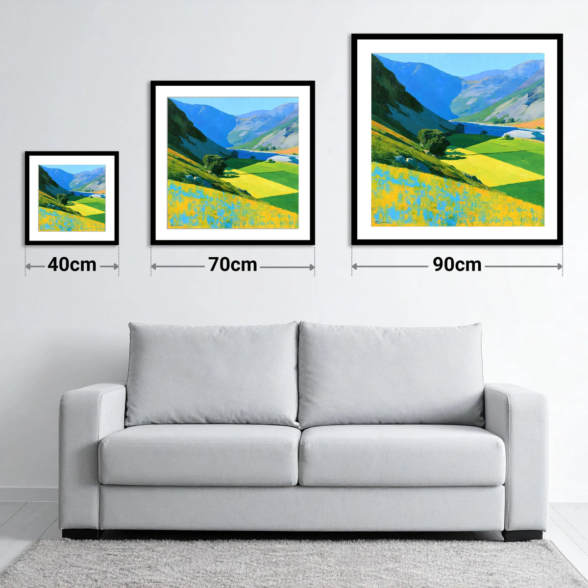 Vibrant Fields of the Buttermere Valley - size guide showing 40cm, 70cm and 90cm art prints