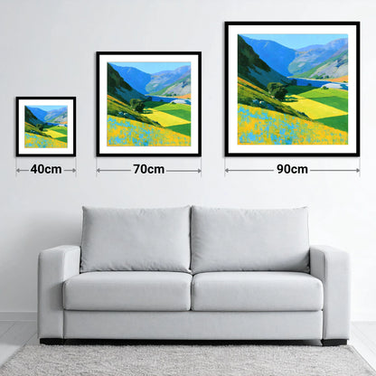 Vibrant Fields of the Buttermere Valley - size guide showing 40cm, 70cm and 90cm art prints