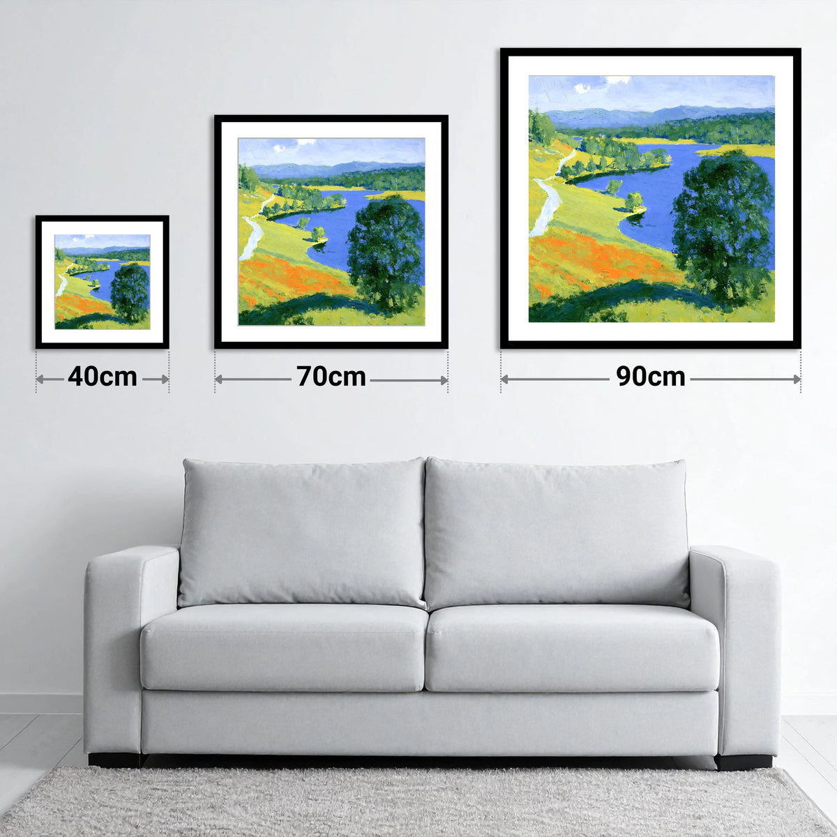 Vivid Colours of Tarn Hows - size guide showing 40cm, 70cm and 90cm art prints