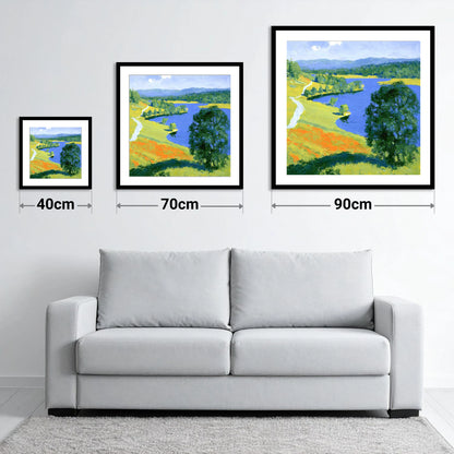 Vivid Colours of Tarn Hows - size guide showing 40cm, 70cm and 90cm art prints