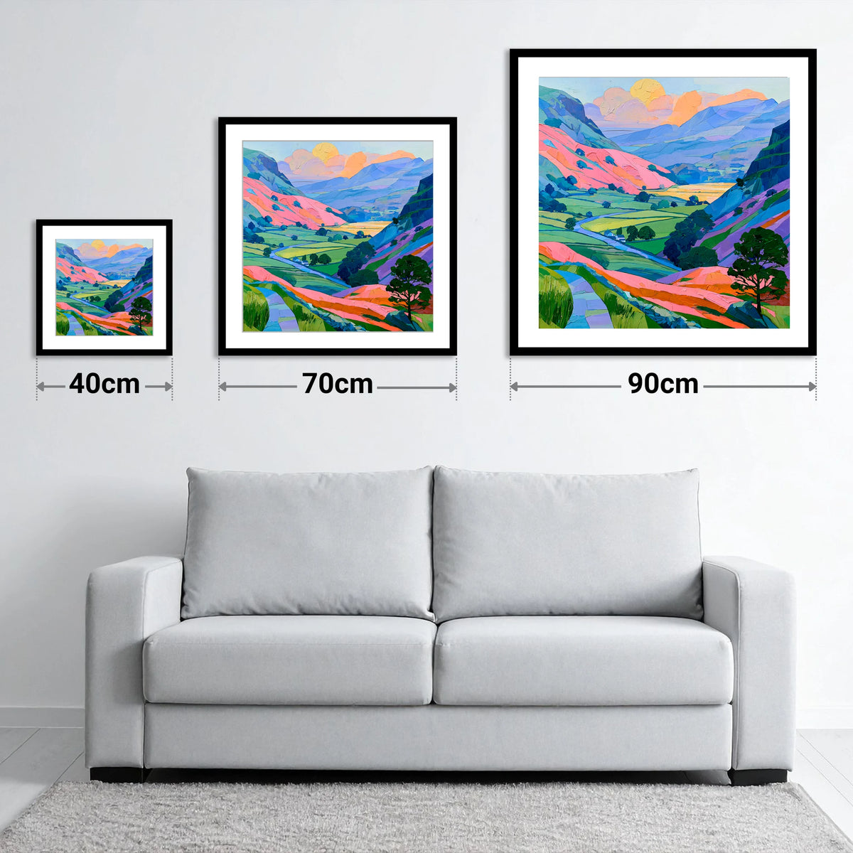 Vibrant Fells and Green Valley - size guide showing 40cm, 70cm and 90cm art prints