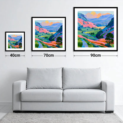 Vibrant Fells and Green Valley - size guide showing 40cm, 70cm and 90cm art prints