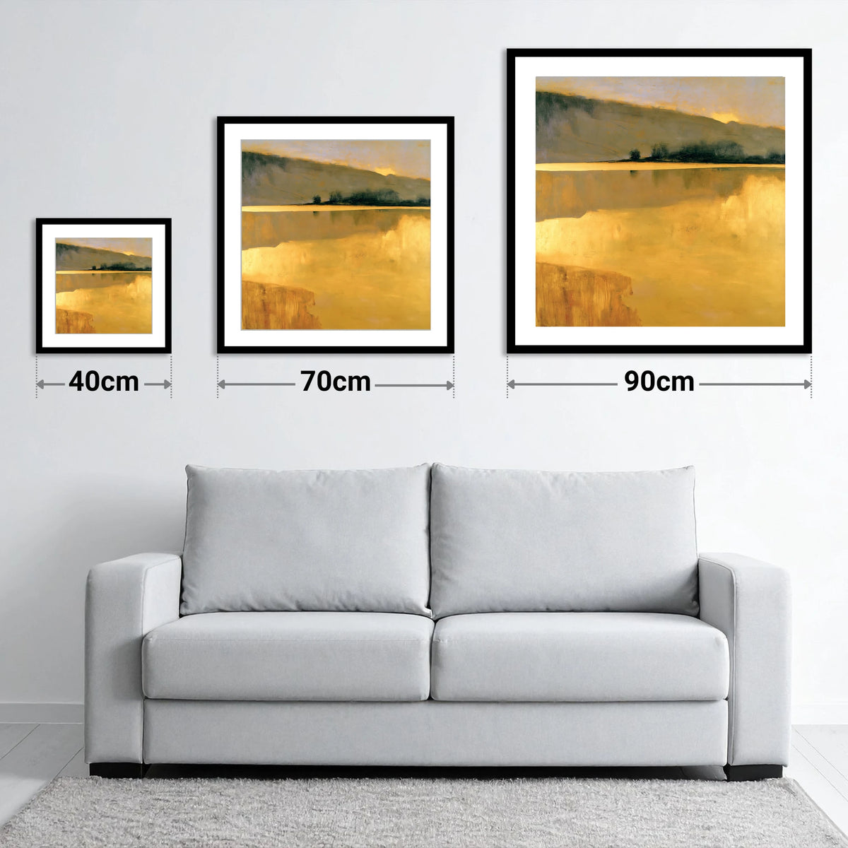 Calm Lake in Golden Light - size guide showing 40cm, 70cm and 90cm art prints