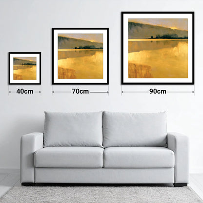 Calm Lake in Golden Light - size guide showing 40cm, 70cm and 90cm art prints