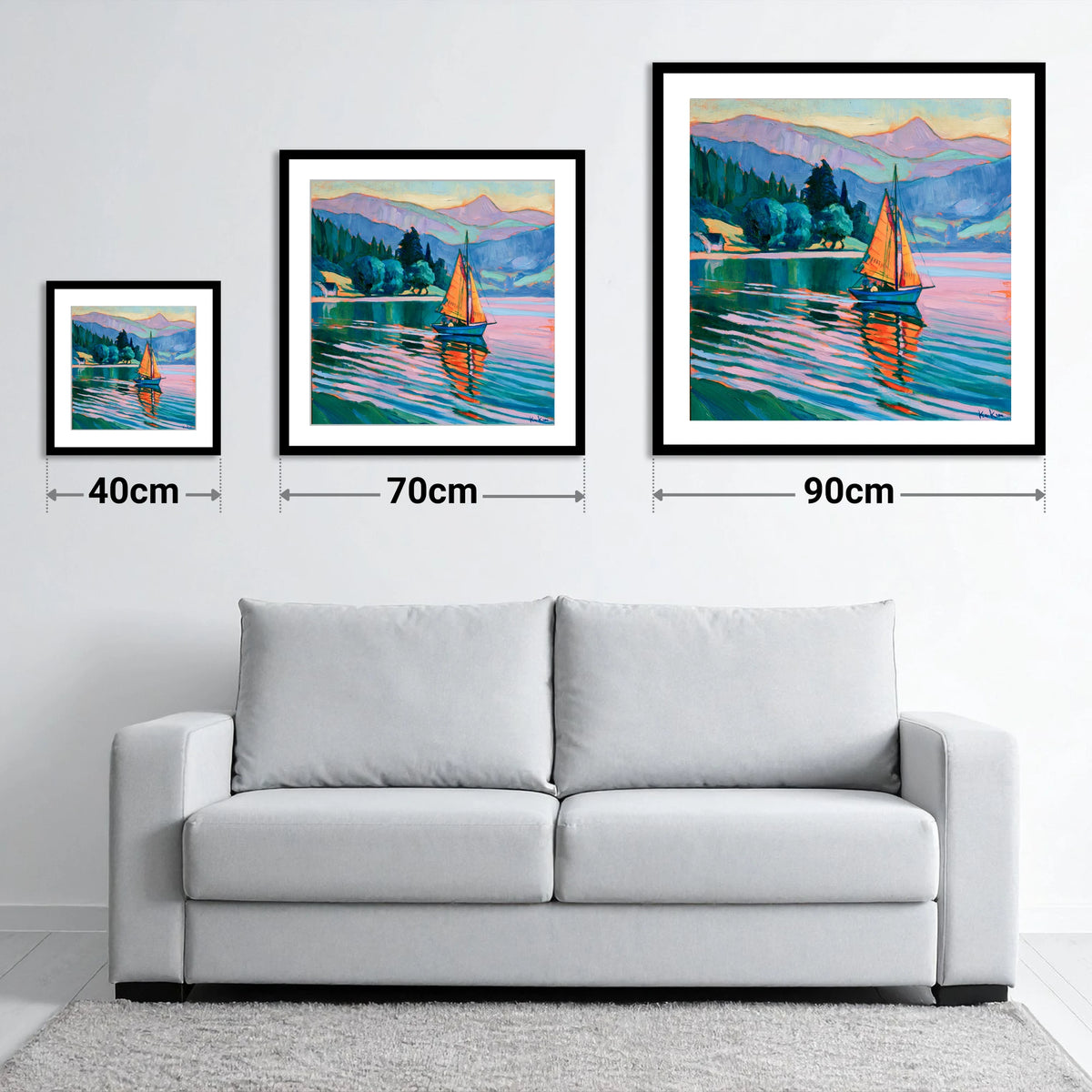 Orange Sails Below the Fells - size guide showing 40cm, 70cm and 90cm art prints