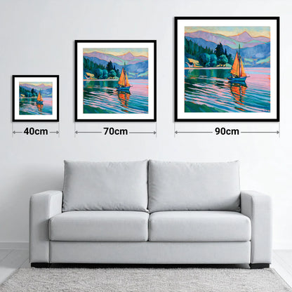 Orange Sails Below the Fells - size guide showing 40cm, 70cm and 90cm art prints