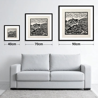 Graphic Mountain Summit View - size guide showing 40cm, 70cm and 90cm art prints