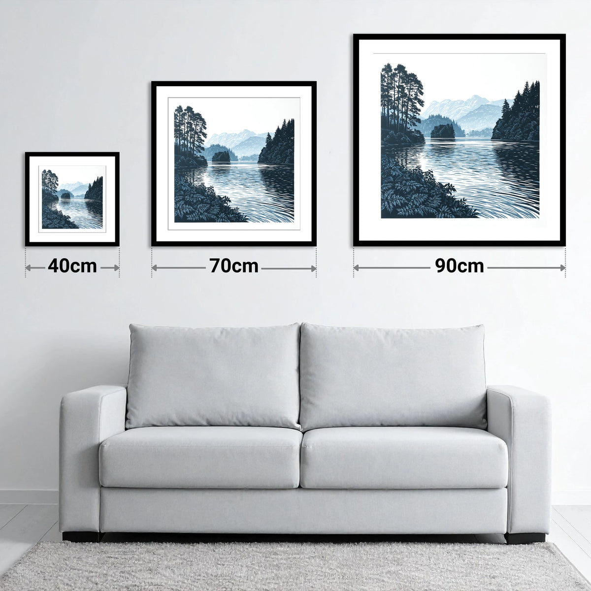 Deep Blue Lake at Dawn - size guide showing 40cm, 70cm and 90cm art prints