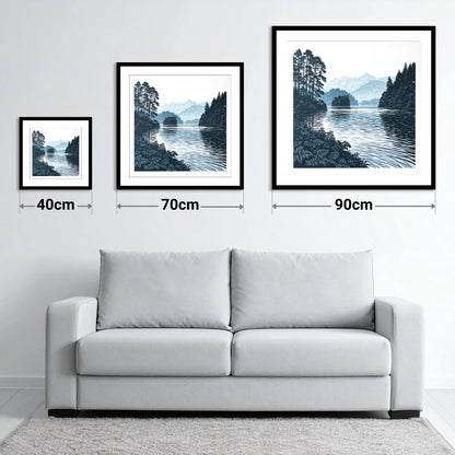 Deep Blue Lake at Dawn - size guide showing 40cm, 70cm and 90cm art prints