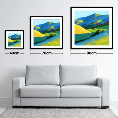Vibrant Sunlight on Lakeland Fells - size guide showing 40cm, 70cm and 90cm art prints