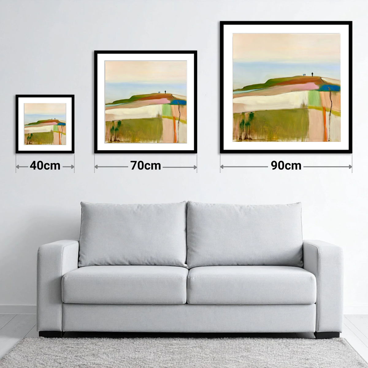 Abstract Fell Ridge with Hikers - size guide showing 40cm, 70cm and 90cm art prints