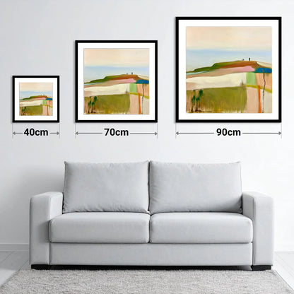 Abstract Fell Ridge with Hikers - size guide showing 40cm, 70cm and 90cm art prints