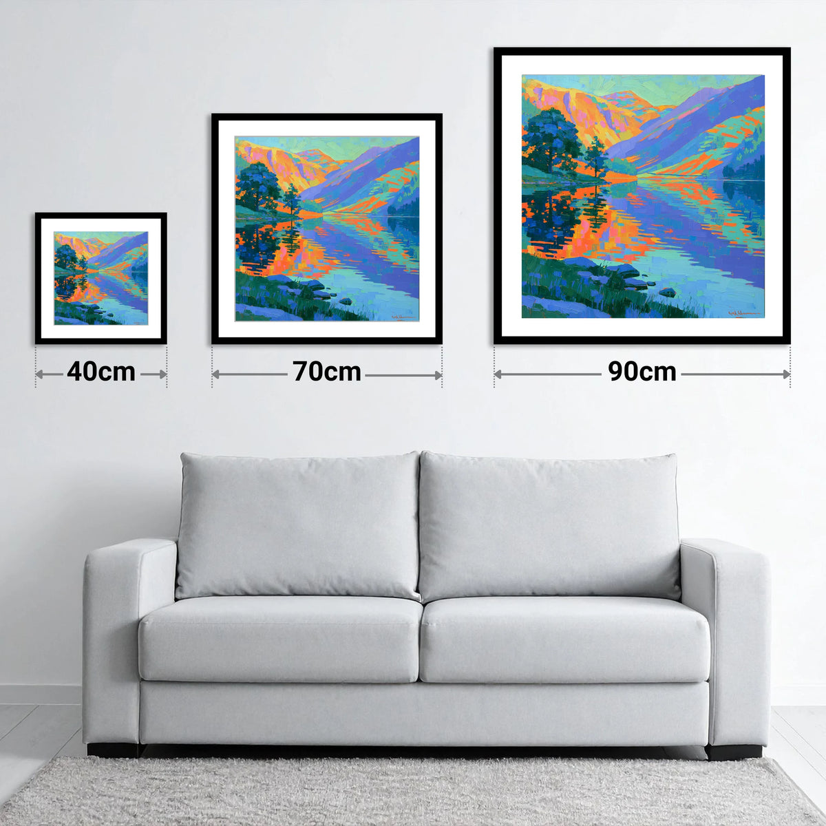 Vibrant Fells and Lake Reflections - size guide showing 40cm, 70cm and 90cm art prints