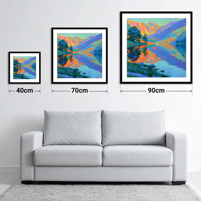 Vibrant Fells and Lake Reflections - size guide showing 40cm, 70cm and 90cm art prints