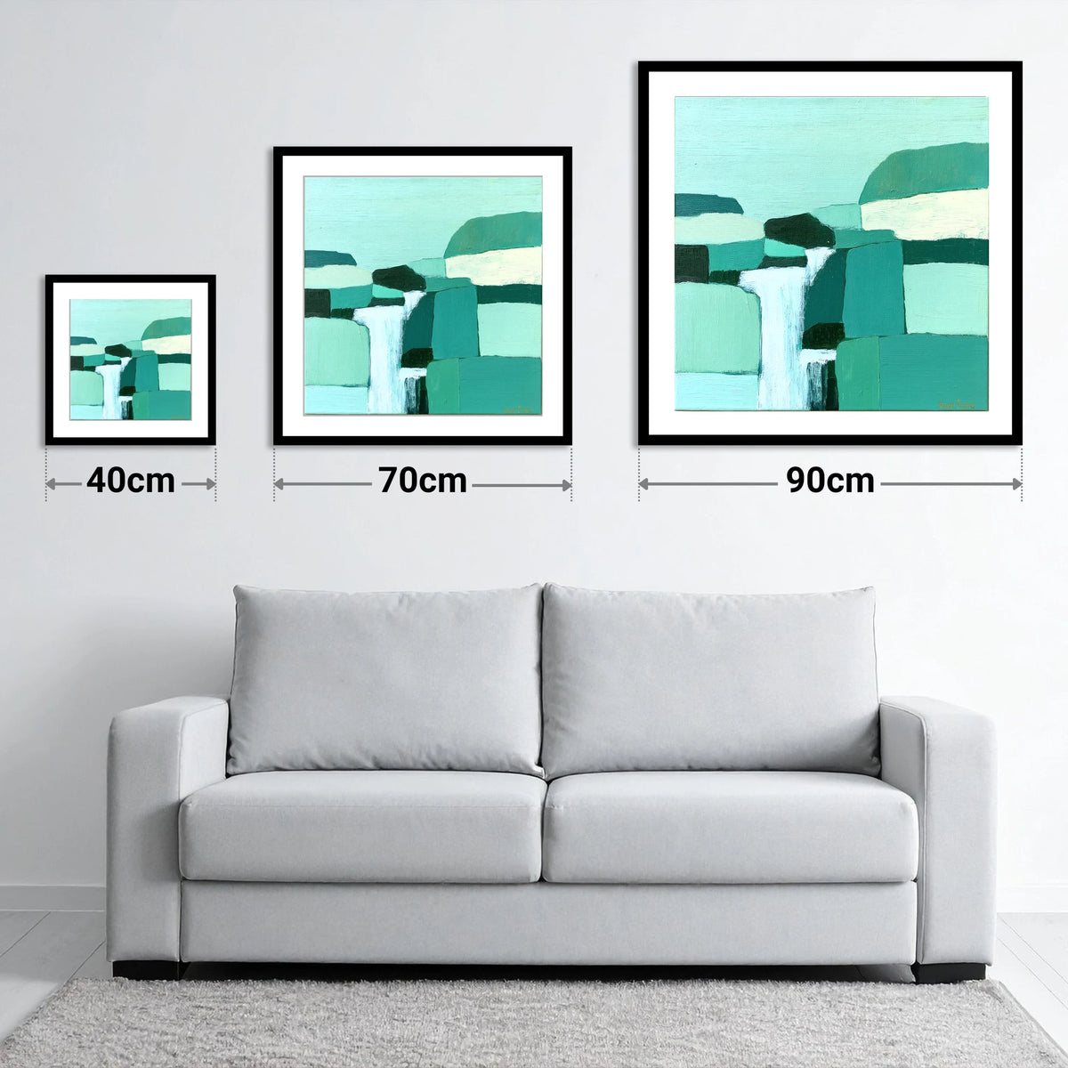Abstract Teal Waterfall Over Rocks - size guide showing 40cm, 70cm and 90cm art prints