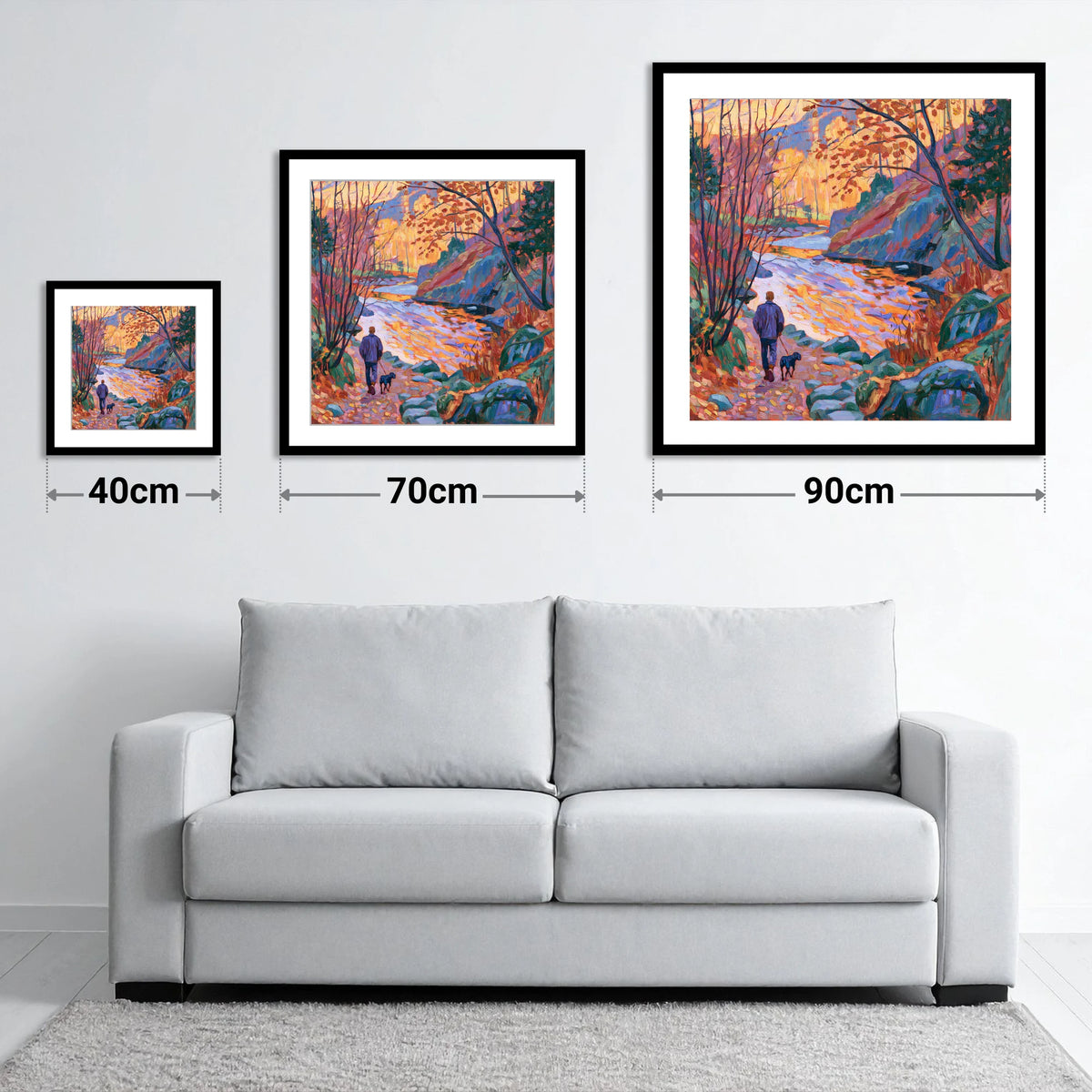 Autumn Dog Walk Aira Force - size guide showing 40cm, 70cm and 90cm art prints