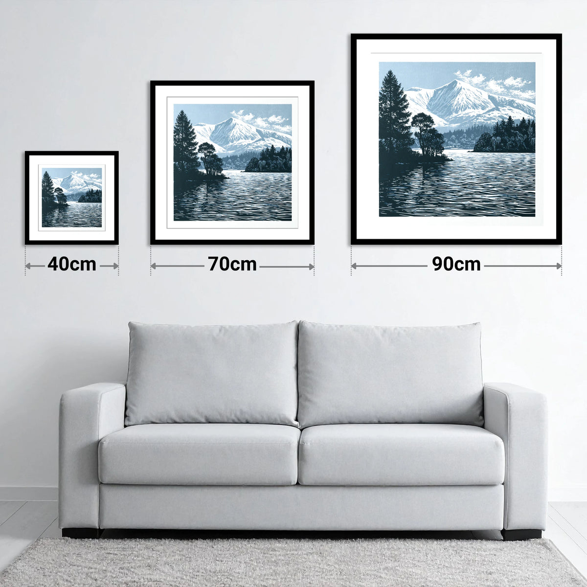 Winter Skiddaw in Deep Blue - size guide showing 40cm, 70cm and 90cm art prints