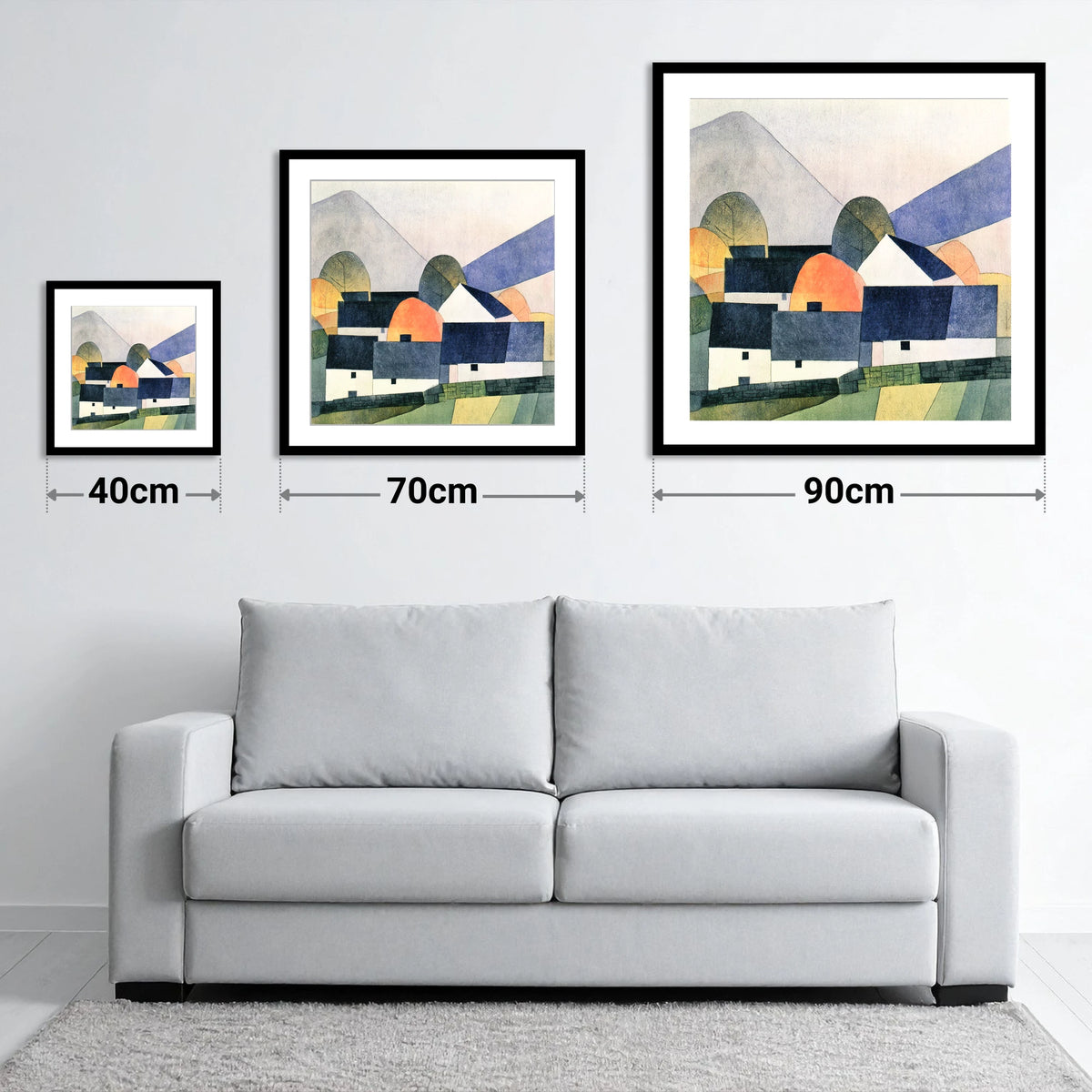 Geometric Slate Roofed Cottages - size guide showing 40cm, 70cm and 90cm art prints