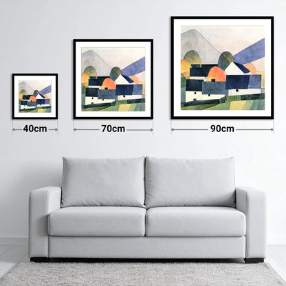 Geometric Slate Roofed Cottages - size guide showing 40cm, 70cm and 90cm art prints