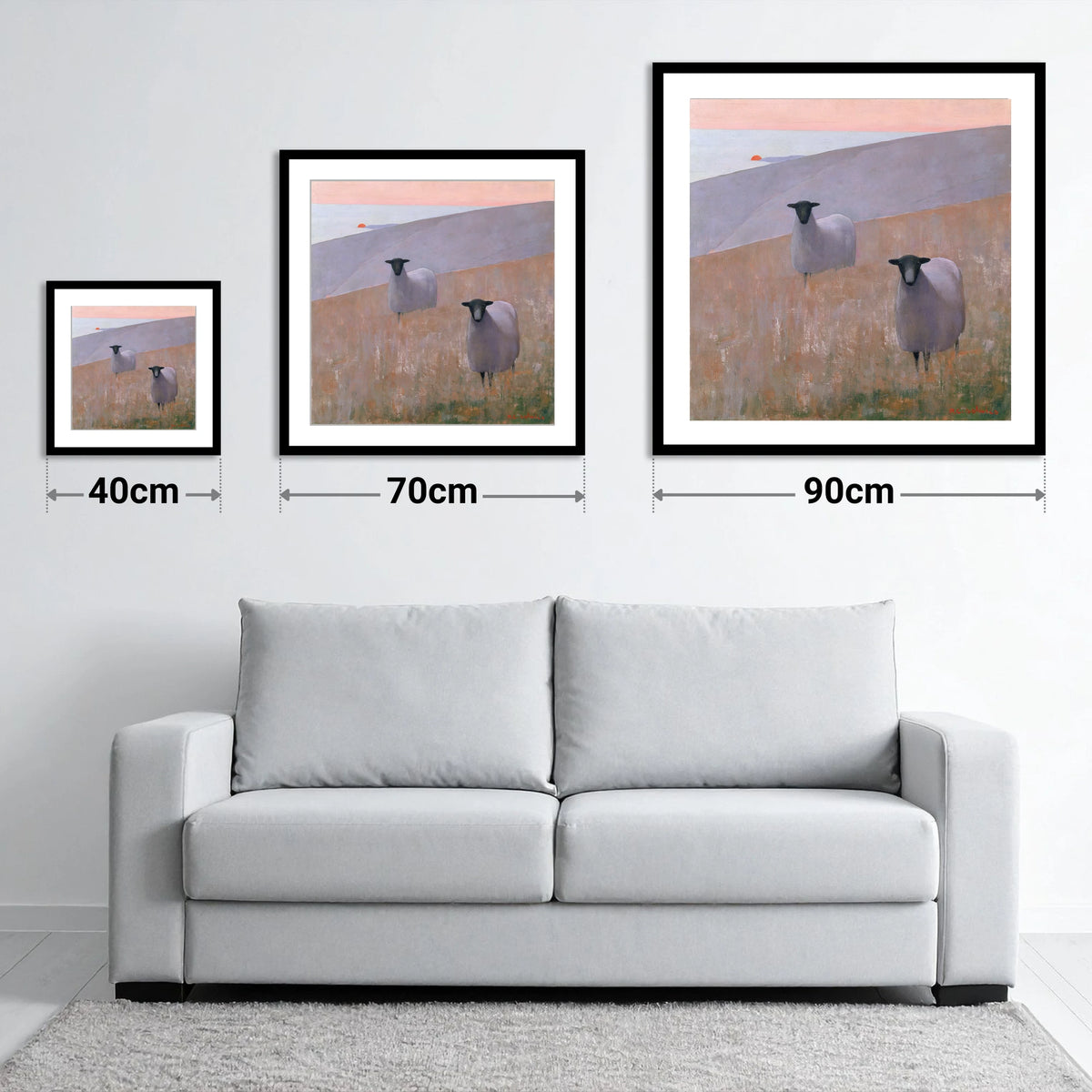 Herdwick Sheep on Lavender Fells - size guide showing 40cm, 70cm and 90cm art prints